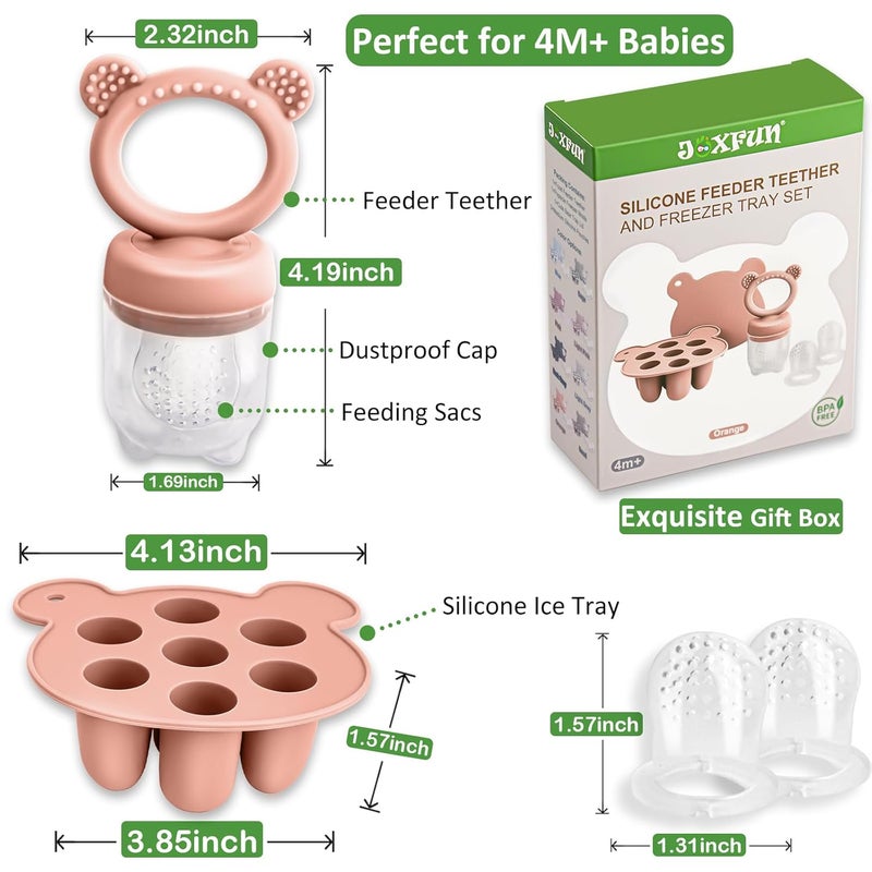 JEXFUN Baby Breastmilk Popsicle Molds & Baby Fruit Food Feeder Pacifier Combo, BPA Free Silicone Nibble Freezer Tray Storage Containers Teething Toys for Safe Infant Self Feeding, 4 Month+(Orange) - Image 4